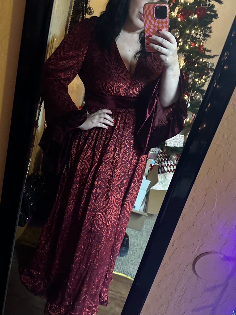 Unique Vintage Burgundy Velvet Jacquard Maxi Dress